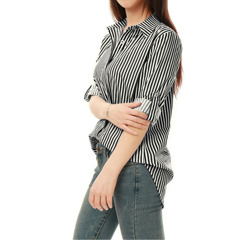 Allegra K Women's Striped Button Down Roll-up Long Sleeves Point Collar Shirt, 2 of 7