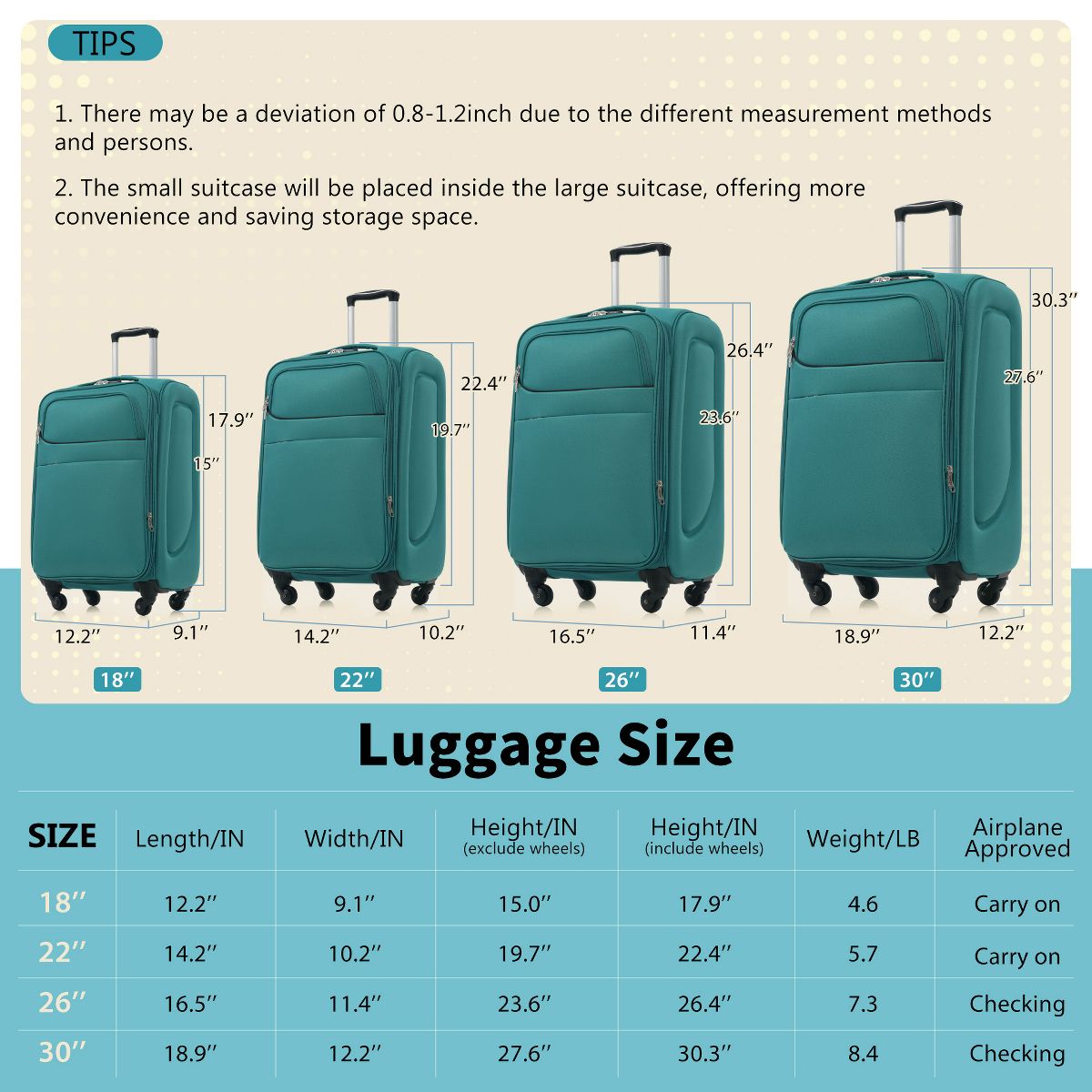 Polibi Ligheweight Expandable Luggage Set of 4, 18"/22"/26"/30" Suitcase with Spinner Wheels, TAS Lock - thumbnail 8