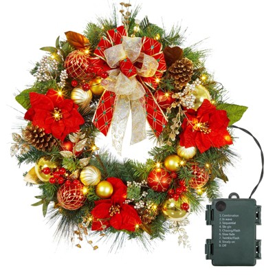 30 Inch Christmas Wreath with Lights, Lighted Large Outdoor Christmas Door Wreath with 40 Battery Operated
