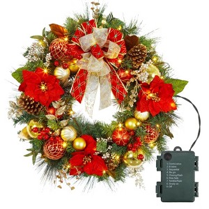 30 Inch Christmas Wreath with Lights, Lighted Large Outdoor Christmas Door Wreath with 40 Battery Operated - 1 of 4