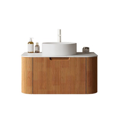 Fortune Candy Wall-Mounted Bathroom Vanity with Sink, Curved Striped Drawer Cabinet, White Round Ceramic Basin, Pre-Assembled, No Faucet
