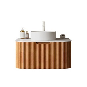 Fortune Candy Wall-Mounted Bathroom Vanity with Sink, Curved Striped Drawer Cabinet, White Round Ceramic Basin, Pre-Assembled, No Faucet - 1 of 4