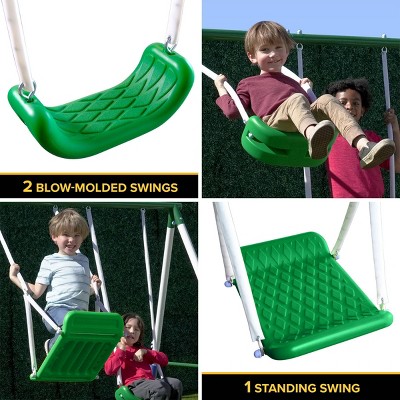 Green and White Metal Swing Set with Slide and Glider