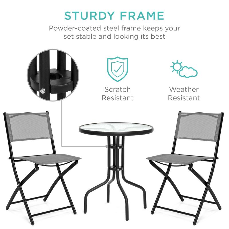 Best Choice Products 3-Piece Patio Bistro Dining Furniture Set w/ Round Textured Glass Tabletop, Folding Chairs, 6 of 11