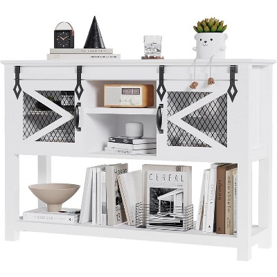 Homhougo Farmhouse Console Table with Sliding Barn Doors, 46" Narrow Sofa Table with Storage Shelves for Entryway or Living Room, White