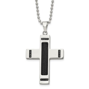 Black Bow Jewelry Stainless Steel Black Plated 1/10ctw Black Diamond Cross Necklace 24in - 1 of 4