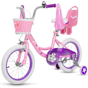 Hykolity 14/16-Inch Kids Bike for Girls Ages 3-7, Multi-Color, with Training Wheels, Doll Seat, Basket, Adjustable Saddle, Dual Brakes - 1 of 4
