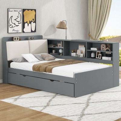 Kumasinova Twin/Full Size Bed Frame with 2 Drawers/Trundle,Wood Twin/Full Bed Frame with Headboard,Platform Bed Frames with Shelves for Teens,Adults