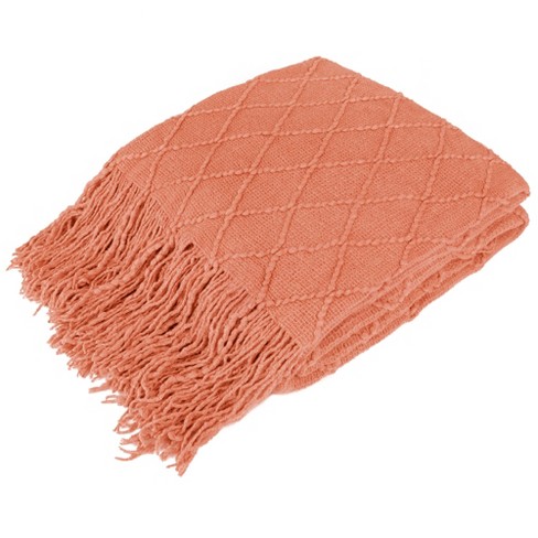 PAVILIA Knit Textured Soft Throw Blanket for Sofa Living Room Decor and Bed Coral Orange Throw 50x60