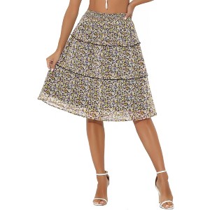 Allegra K Women's Floral Print Smocked Elastic Waist Midi Flowy Tiered Ruffle Skirt - 1 of 4