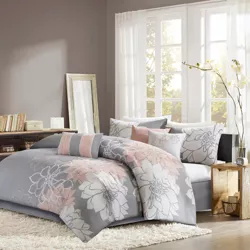 6pc Twin/Twin Extra Long Jane Floral Print Comforter Set - Gray/Blush