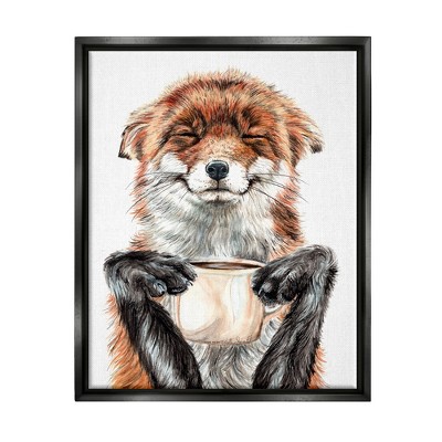 Stupell Industries Happy Fox with Coffee Framed Floater Canvas Wall Art