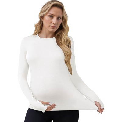 INSPIRE CHIC Women's Maternity Slim Fitted Stretchy Long Sleeve T-Shirts Thumbholes Round Neck Pregnancy Yoga Top