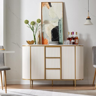 SinCiDo Sideboard Buffet Servers with 2 Doors & 3 Drawers, 54″W Luxury Fluted Kitchen Storage Cabinet with Faux Marble Tabletop