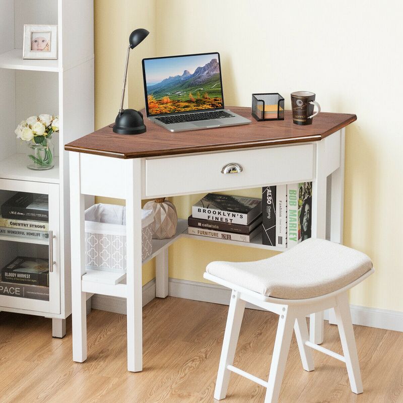 Costway Triangle Computer Desk Corner Office Desk Laptop Table w/ Drawer Shelves Rustic Natural &White, 2 of 9
