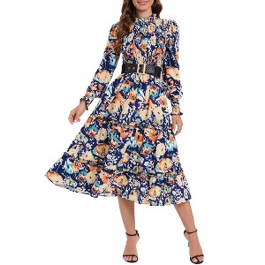 Women's Ruffle Mock Neck Long Sleeve Smocked Midi Dress Casual Elastic Waist Tiered Long Dress - 1 of 4