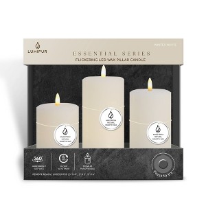 LumiPur 3pk Essentials Natural Glow Flameless Flickering Wax Pillar LED Candles Winter White - 1 of 4