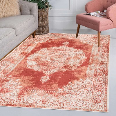 Peach and Ivory Synthetic Medallion Area Rug, 3 x 5 ft