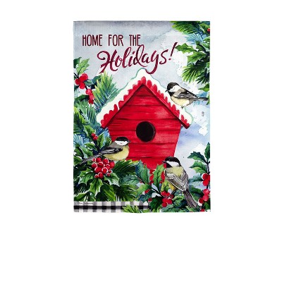 Evergreen Chickadees Holiday Birdhouse Garden Textured Suede Flag