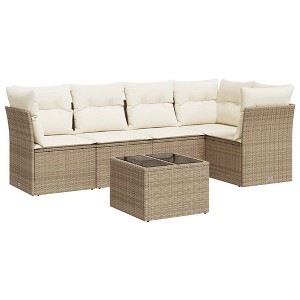 vidaXL 6 Piece Patio Sofa Set with Cushions Poly Rattan - Beige and Cream With Table - 1 of 4