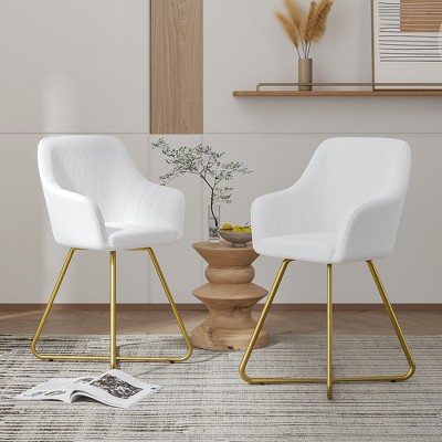 VECELO Modern PU Leather Accent Chair, Vanity Makeup Chair with Gold Metal Frame, Upholstered Armchair for Living Room or Bedroom, White