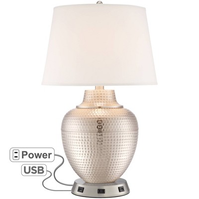 Barnes and Ivy Modern Table Lamp with USB and AC Power Outlet Workstation Charging Base Hammered Brushed Nickel for Living Room