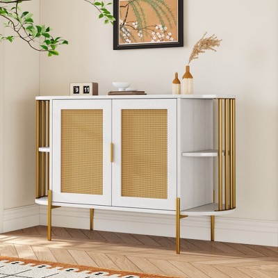 TiramisuBest 2-Door Elegant Curved Dining Cabinet with Gold Trim and Woven Rattan Doors for Dining Room