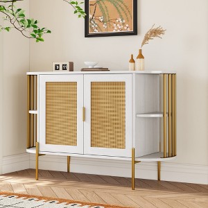 TIRAMISUBEST 2-Door Elegant Curved Buffet Cabinet with Gold Trim, Sideboard Accent Storage Cabinet with Woven Rattan Doors for Dining Room - 1 of 4