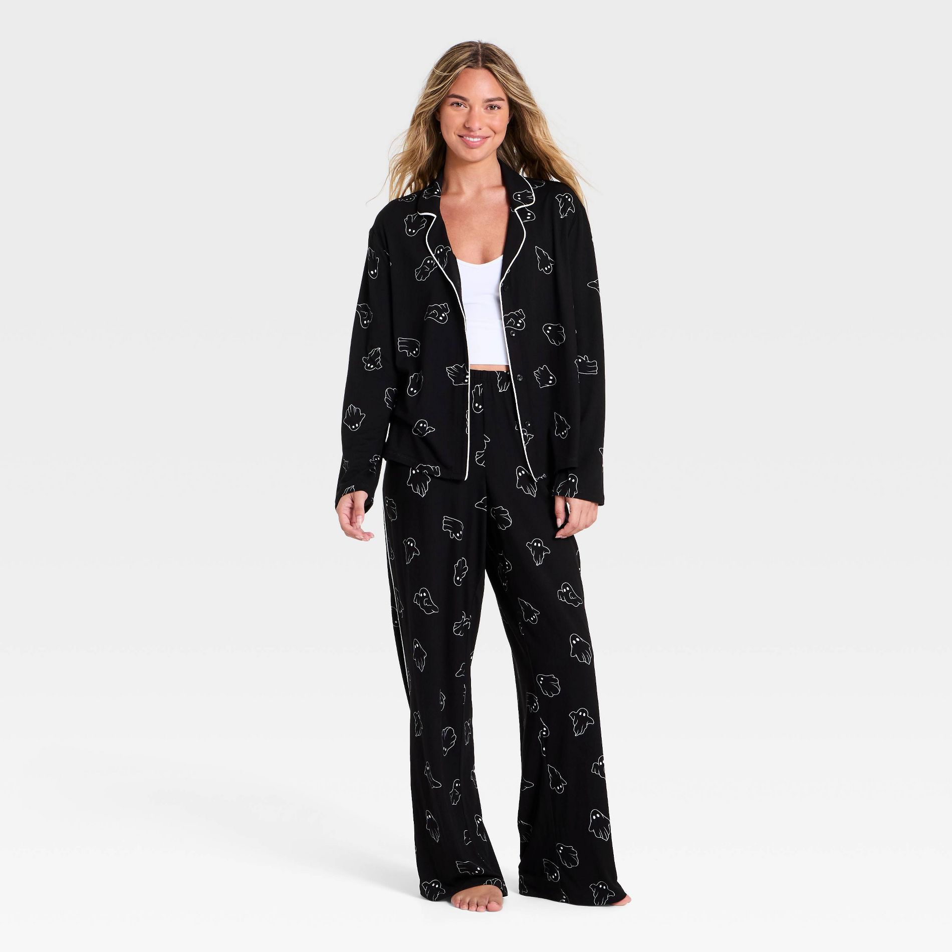 Women's Halloween Jersey Long Sleeve Notch Collar Top and Pants Pajama Set - Hyde and EEK! Boutique™