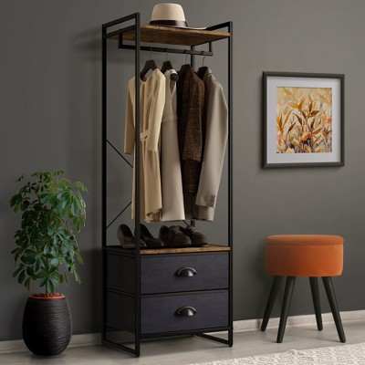 Portable Black Steel and Wood Garment Rack with Drawers