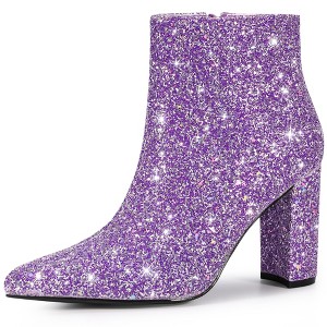 Perphy Women's Glitter Sparkly Pointed Toe Zipper Chunky Heels Ankle Boots - 1 of 3