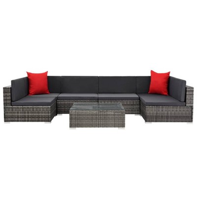 vidaXL Sofa Set Grey rattan, Dark grey cushion, Red pillow