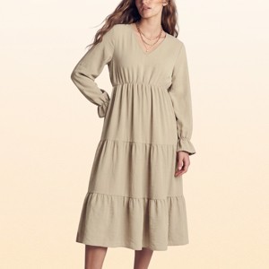 long sleeve midi dress casual EadianDree Womens V Neck Tiered High Elastic Waist Flounce Sleeve Flowy A Line Swing Dress,Khaki Size:XXS / UK-AU 4 / US 0 Azazie Luxi Vintage Mauve color-description:Violet Indigo V neck Balloon long sleeves