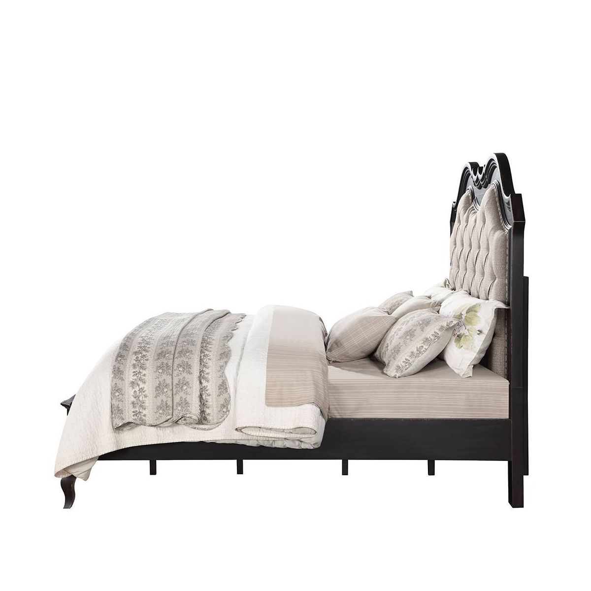 82.5"California King Bed Chelmsford Bed Beige Fabric Antique Black Finish - Acme Furniture: Tufted Upholstered Traditional Design - thumbnail 5