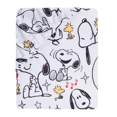 White Microfiber Baby Crib Sheet with Snoopy and Woodstock Design