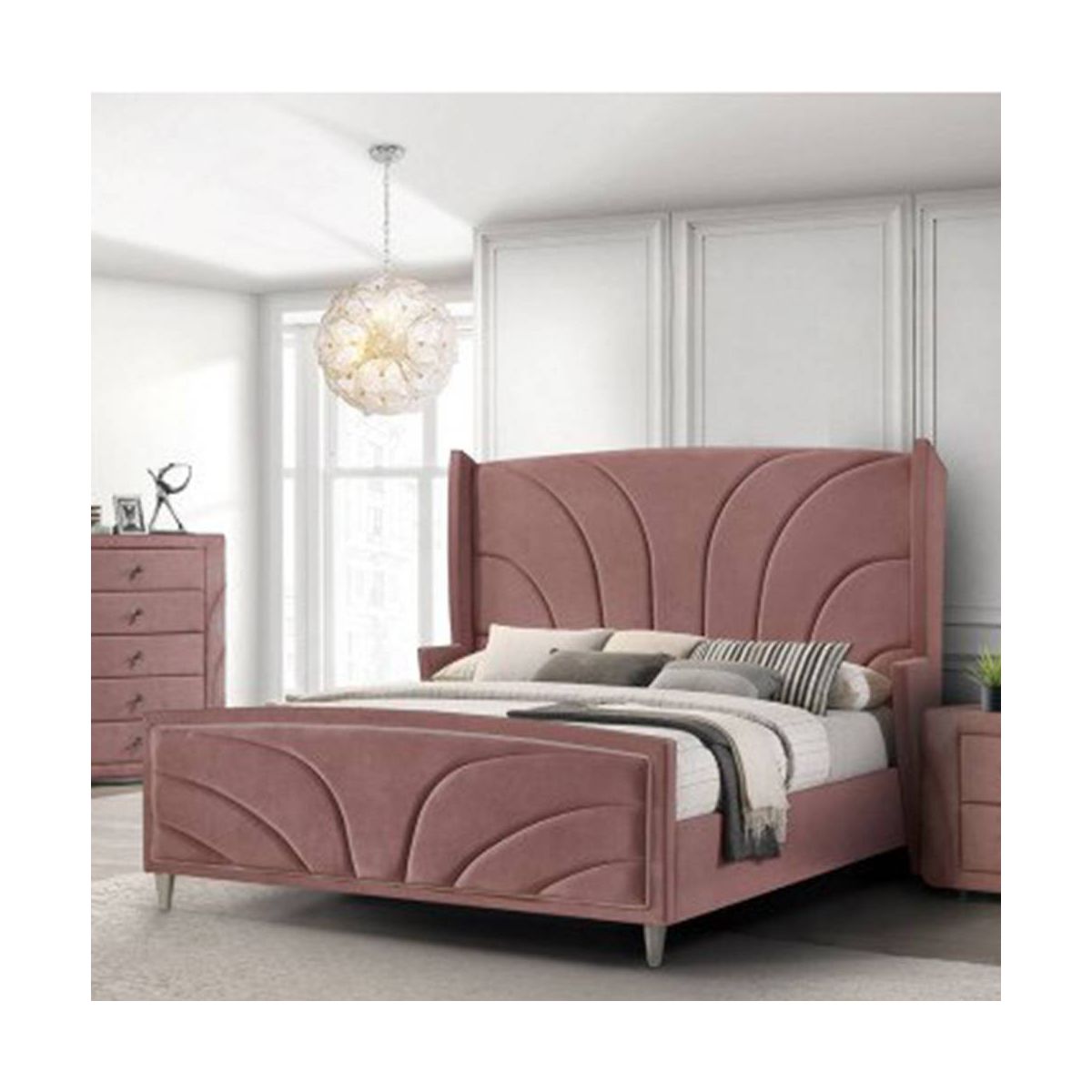 90" Eastern King Bed Salonia Bed Pink Velvet - Acme Furniture: Tufted Upholstered Platform, Glossy Finish, Metal Frame - thumbnail 6
