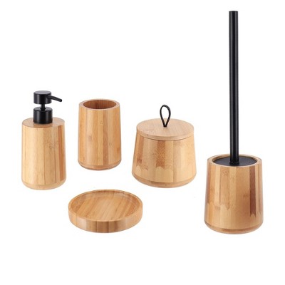 Evideco French Home Goods 5-Piece Bathroom Accessory Set in  Bamboo with Toothbrush Holder Soap Dispenser....