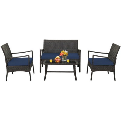 Tangkula 4 Pieces Outdoor Patio PE Wicker Sofa w/ Tempered Glass Coffee Table for Porch & Backyard