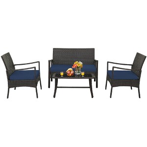 Tangkula 4 Pieces Outdoor Patio PE Wicker Sofa w/ Tempered Glass Coffee Table for Porch & Backyard - 1 of 4