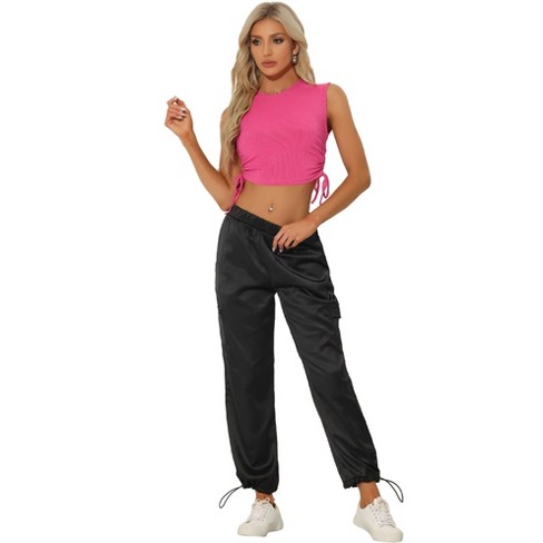 Allegra K Women's Casual 2pc Outfits Sleeveless Tank Top Satin Cargo Pants  Tracksuit Black Pink Large : Target