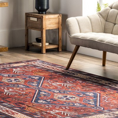 Stella Red and Blue Washable Synthetic Tribal Area Rug