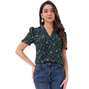 Allegra K Women's Short Sleeve Casual V Neck Print Notch Lapel Collar Summer Blouses - 1 of 4