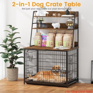Indoor 57 Inch Dog Crate Furniture for Large & Medium Dogs, Wooden Dog Kennel with Storage Shelves, Removable Tray & Adjustable Feeding Bowls - 1 of 4