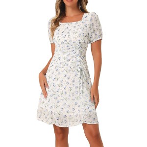 Allegra K Women's Floral Square Neck Short Sleeve Drawstring Ruched Dress - 1 of 4