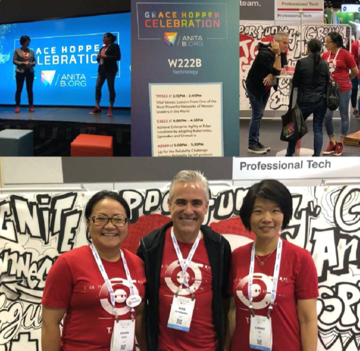 Joana Cruz and Connie Yu, pictured presenting on stage, in discussion  and standing smiling with former Target CIO Mike McNamara, wearing red shirts with white Target bullseye logos and conference nametag lanyards