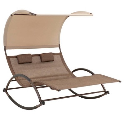 Outdoor Double Chaise Lounge Chair Rocking Bed with Sun Shade & Wheels - Brown - Crestlive Products