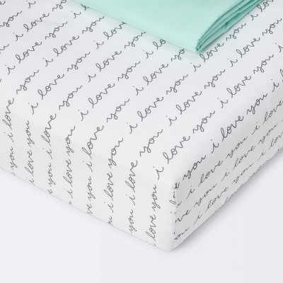 Crib Fitted Sheets I Love You and Mint Solid - Cloud Island™ - Gray/Mint - 2pk