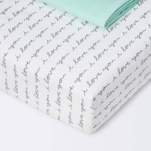 Crib Fitted Sheets I Love You and Mint Solid - Cloud Island™ - Gray/Mint - 2pk - 1 of 3