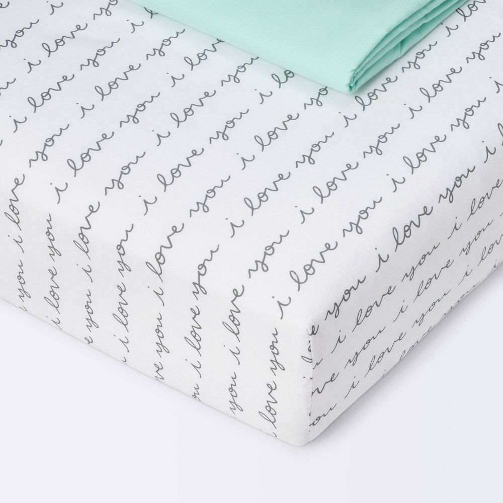 Photos - Bed Linen Crib Fitted Sheets I Love You and Mint Solid - Cloud Island™ - Gray/Mint 