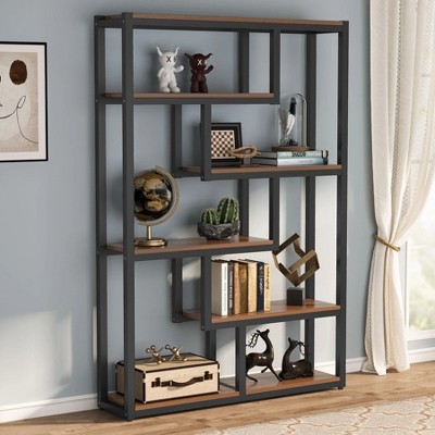 69" Walnut and Black Industrial 6-Tier Bookshelf with Staggered Shelves